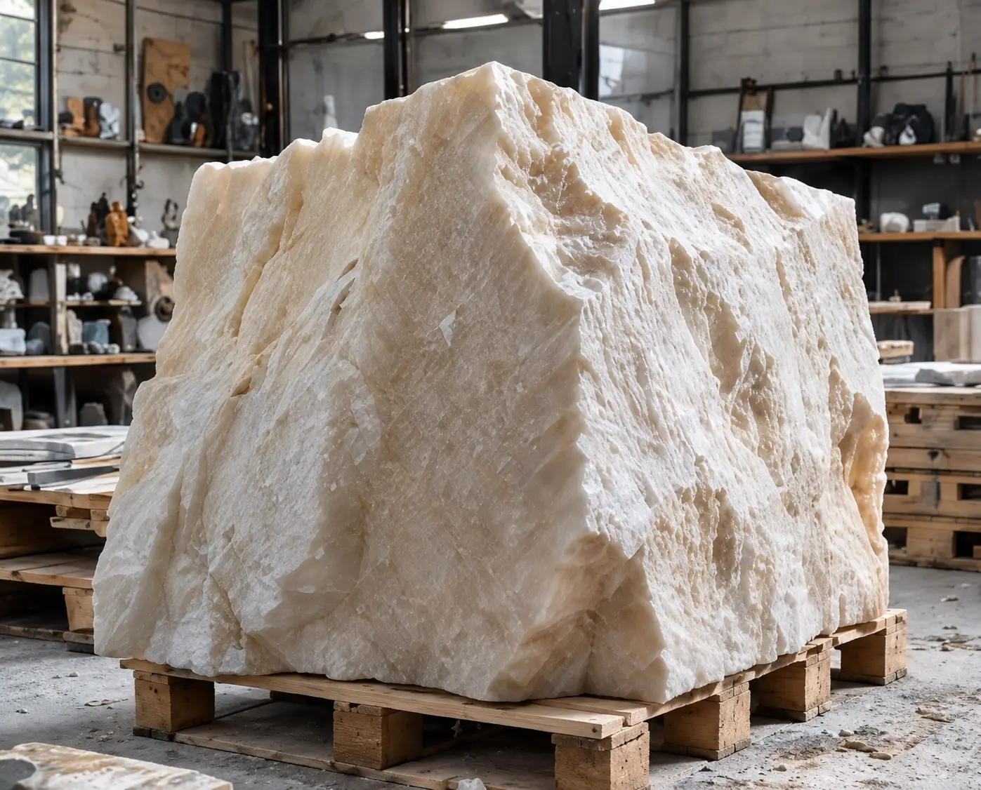 Bloc d’albâtre suisse brut dans un atelier