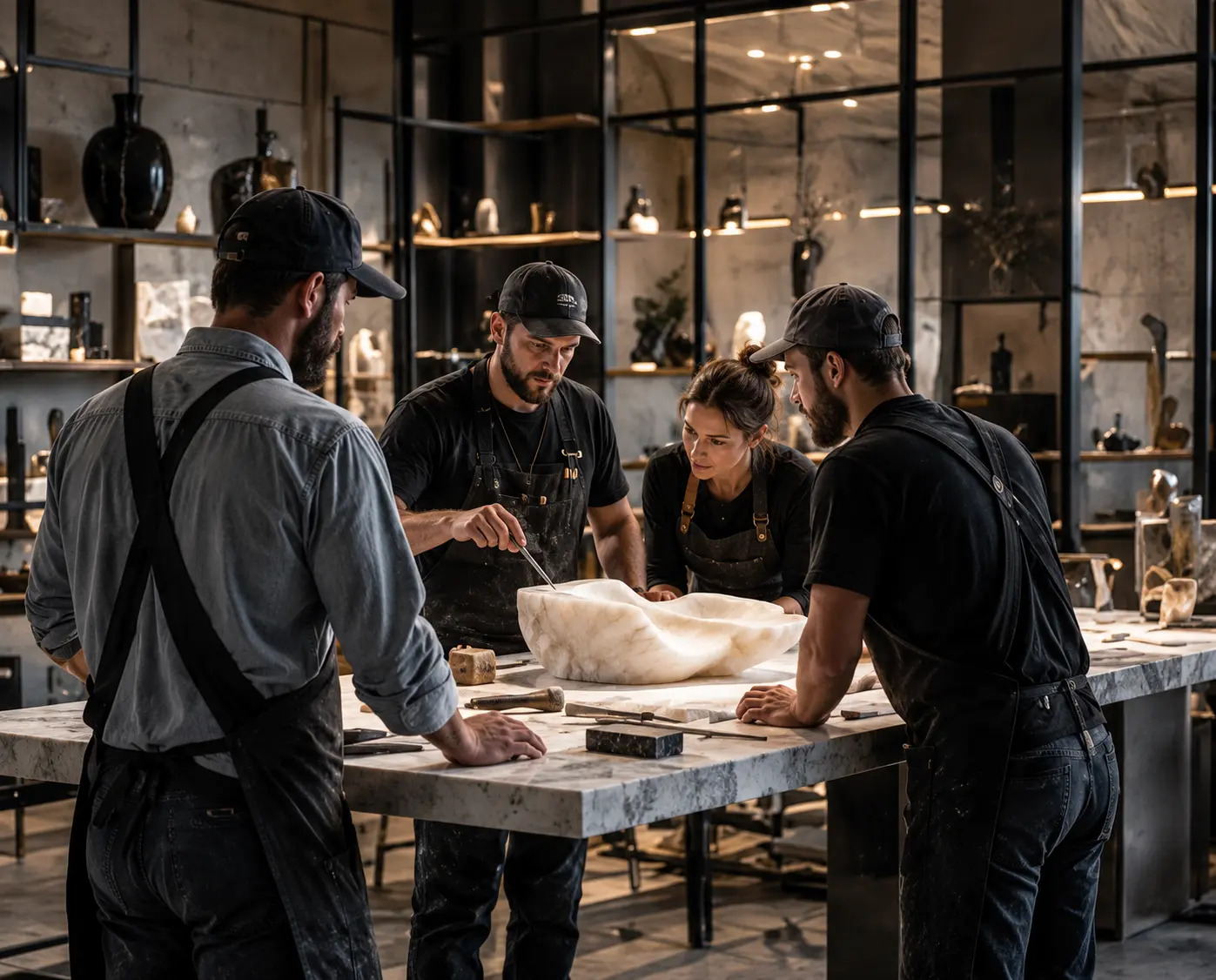 Artisans réunis autour d’une pièce en atelier